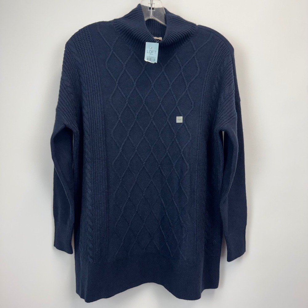 Loft Outlet Petite Navy Blue Cable Knit Mock Neck Tunic Sweater XSP NWT